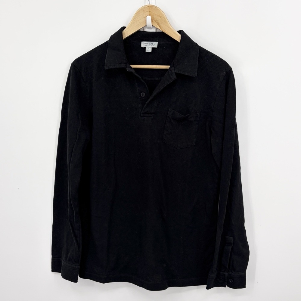 Sunspel Riviera Polo Shirt Mens Medium Long Sleeve Black Pique Luxury Comfy